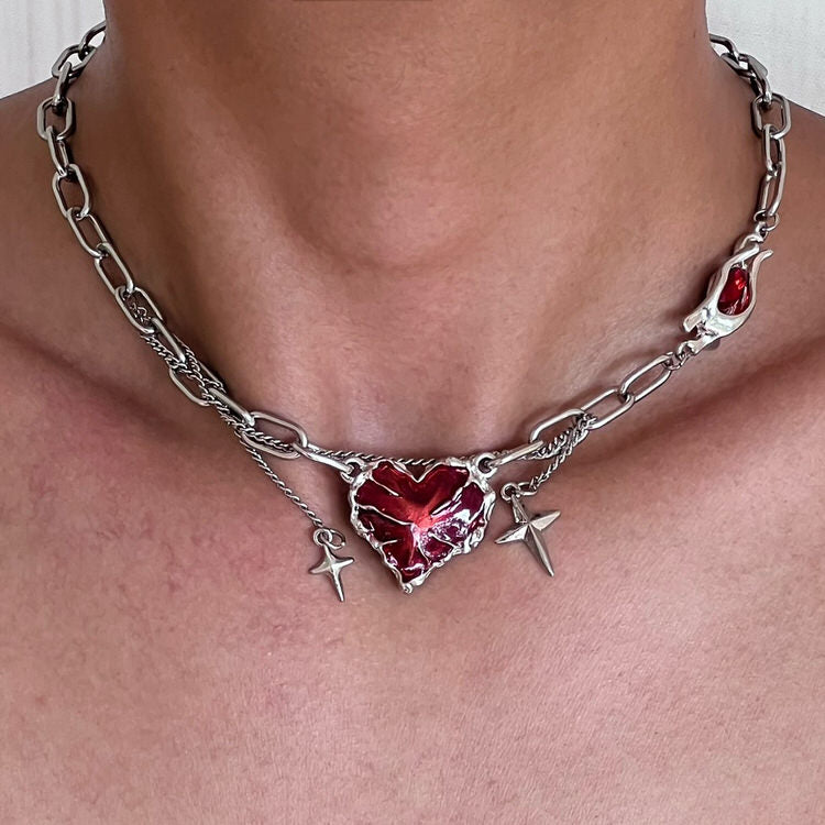 Red Stone Heart Chain Necklace - Boogzel Clothing