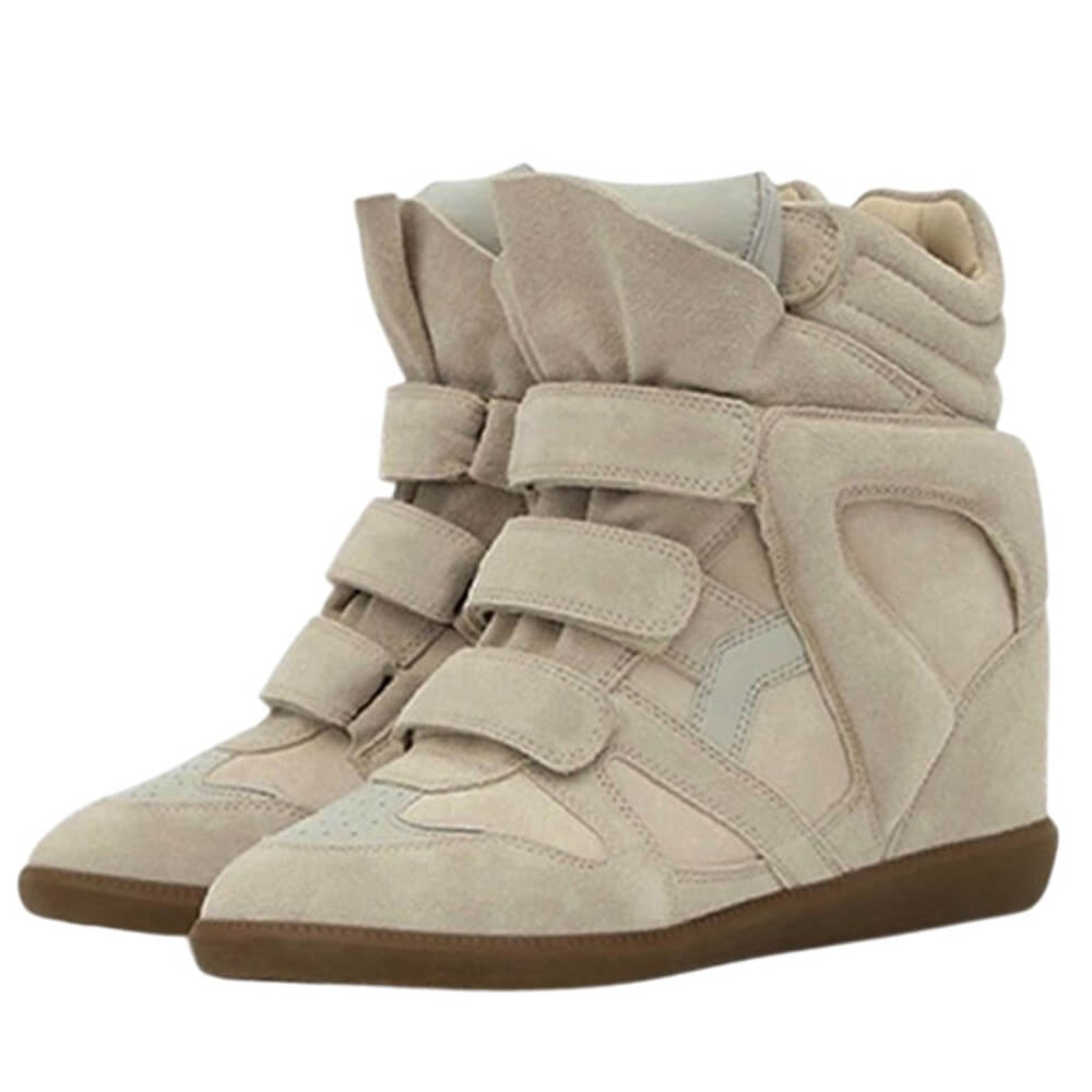A pair of beige suede high-top wedge sneakers with three wide hook-and-loop straps and brown wedge soles