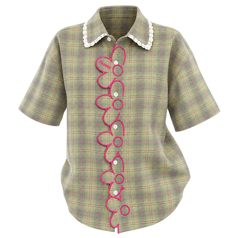 sage green plaid flower trim shirt boogzel clothing
