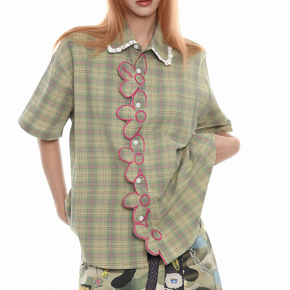 sage green plaid flower trim shirt boogzel clothing