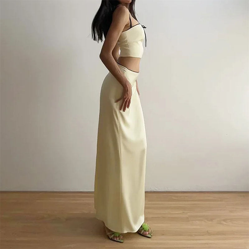 satin crop top and maxi skirt set boogzel clothing