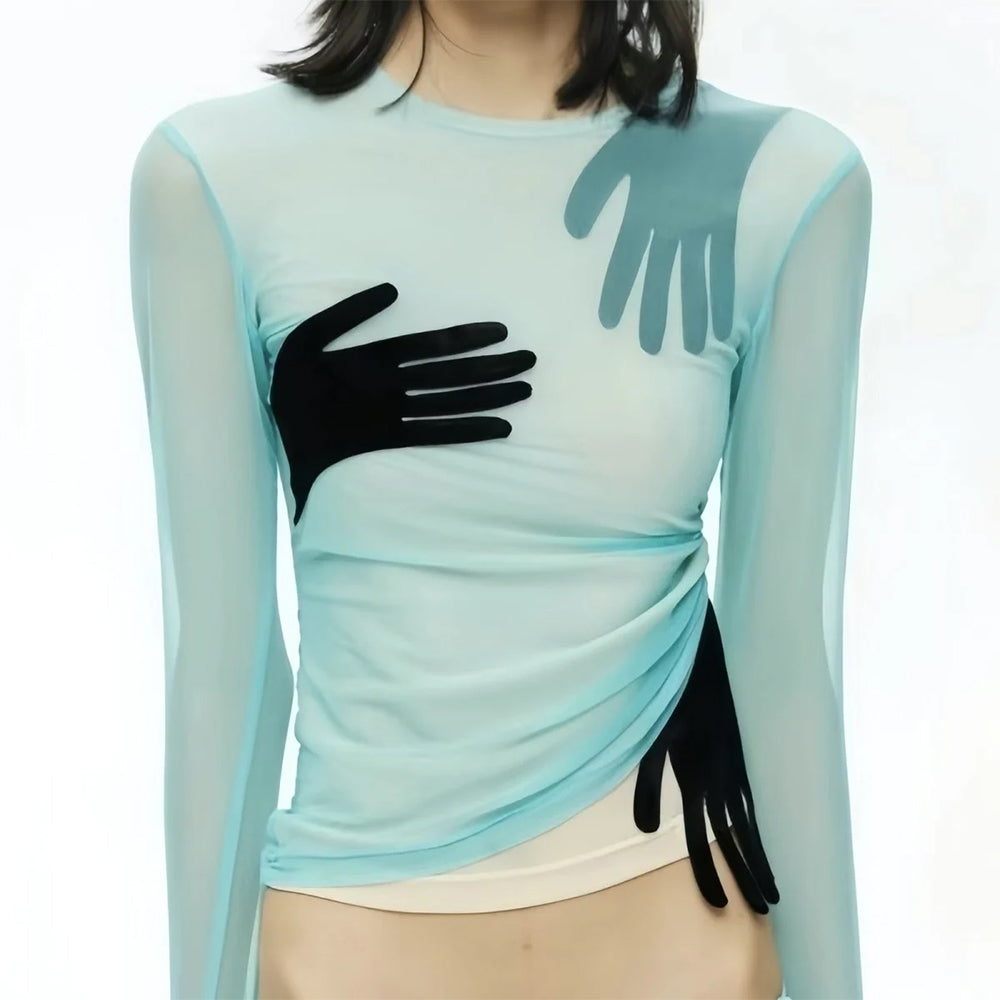 sheer hand print long sleeve top boogzel clothing