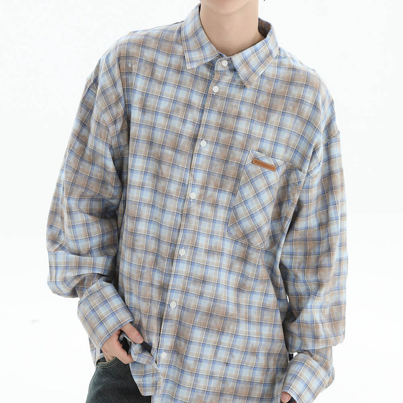 blue plaid button up shirt boogzel clothing