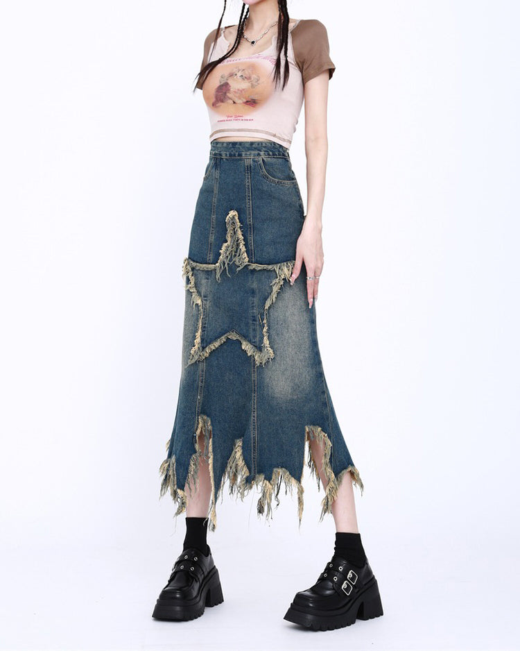 Aesthetic Star Long Denim Skirt boogzel clothing
