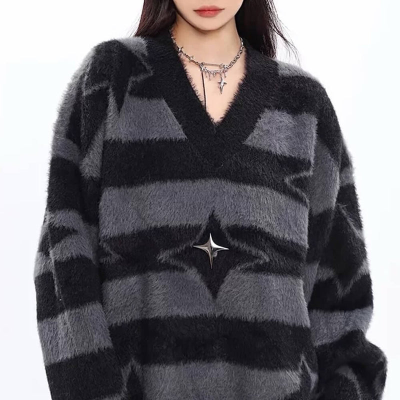 star fuzzy striped sweater boogzel clothing