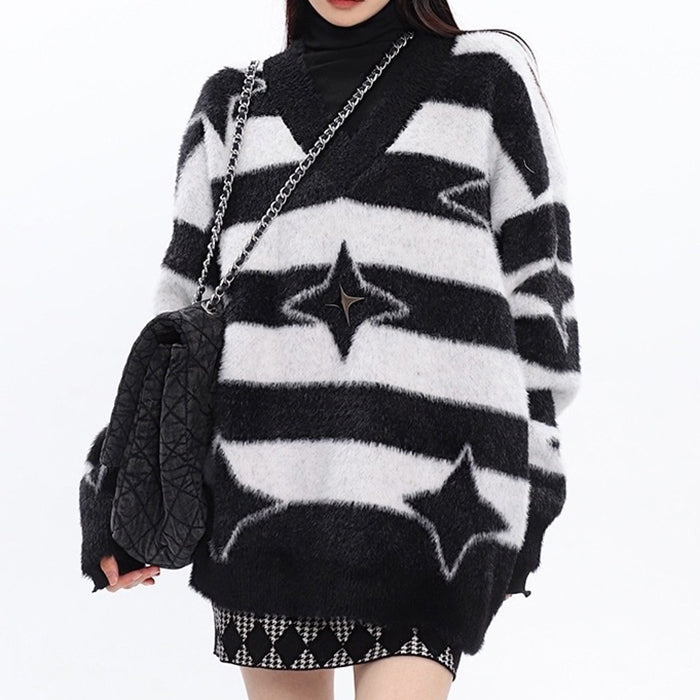 star fuzzy striped sweater boogzel clothing