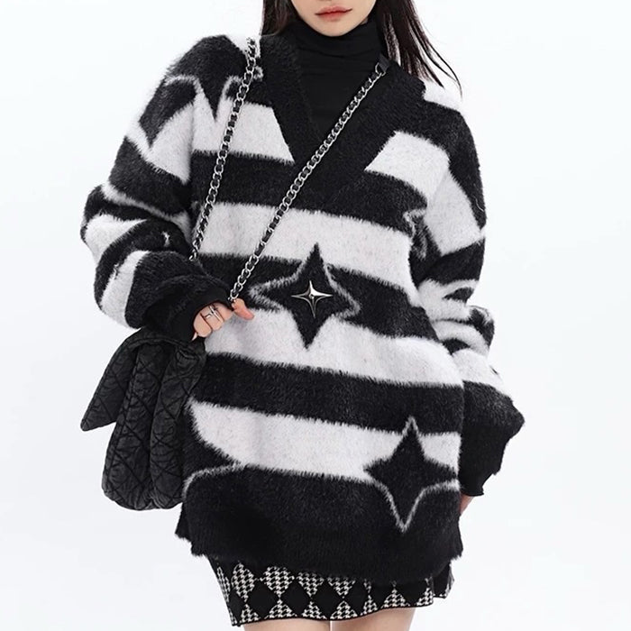 star fuzzy striped sweater boogzel clothing