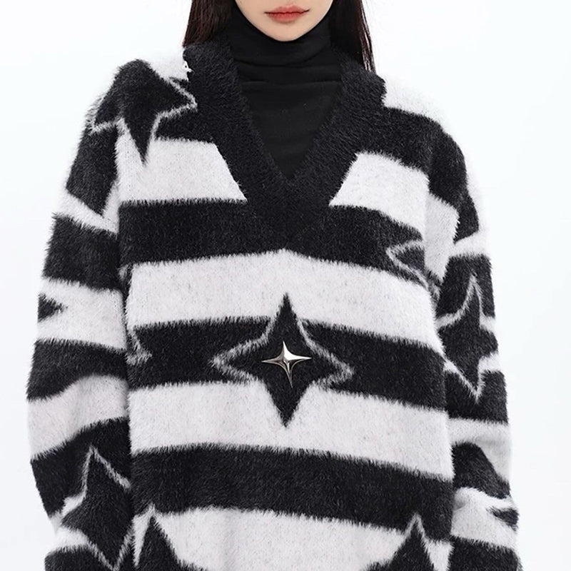 star fuzzy striped sweater boogzel clothing