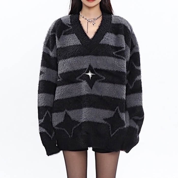 star fuzzy striped sweater boogzel clothing