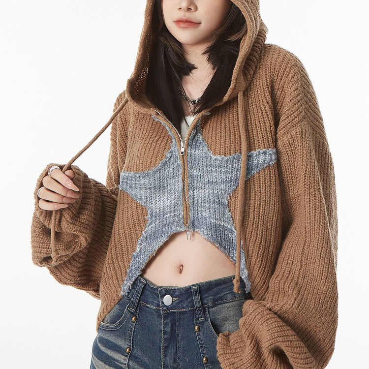 Zip-up hooded knit sweater girl