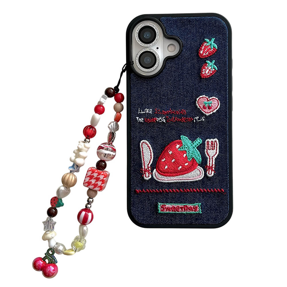 strawberry embroidery denim iphone case boogzel clothing