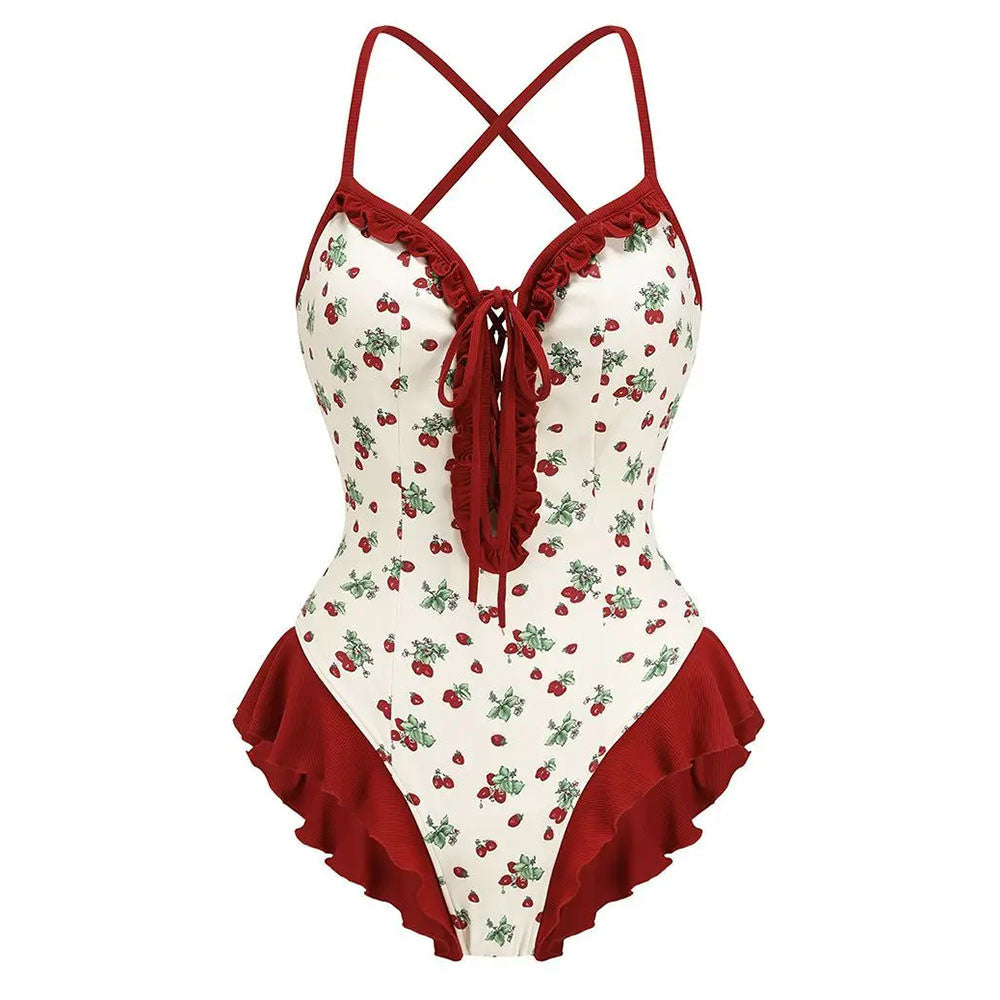 strawberry print ruffle one-piece swimsuit boogzel clothing