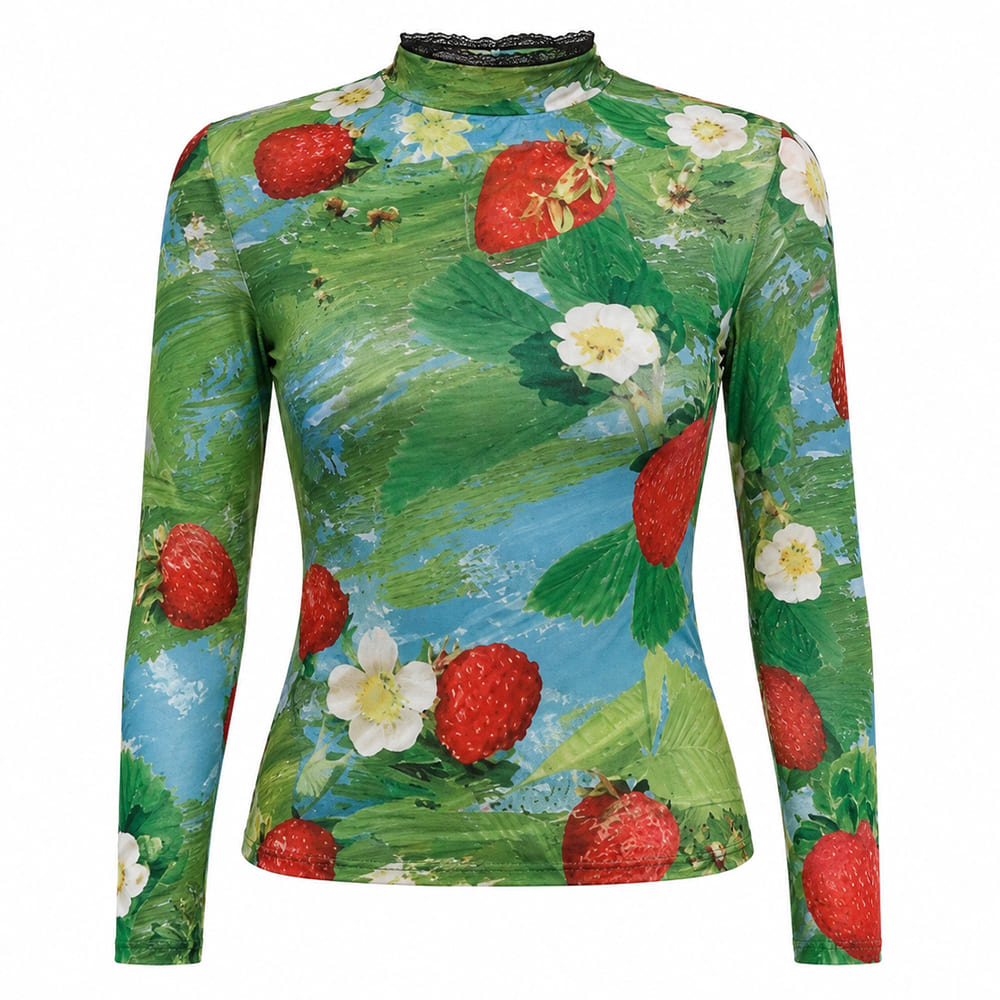 strawberry print mesh long sleeve top boogzel clothing