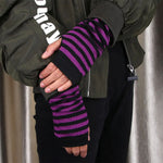 purple and black striped arm warmers boogzel clothing