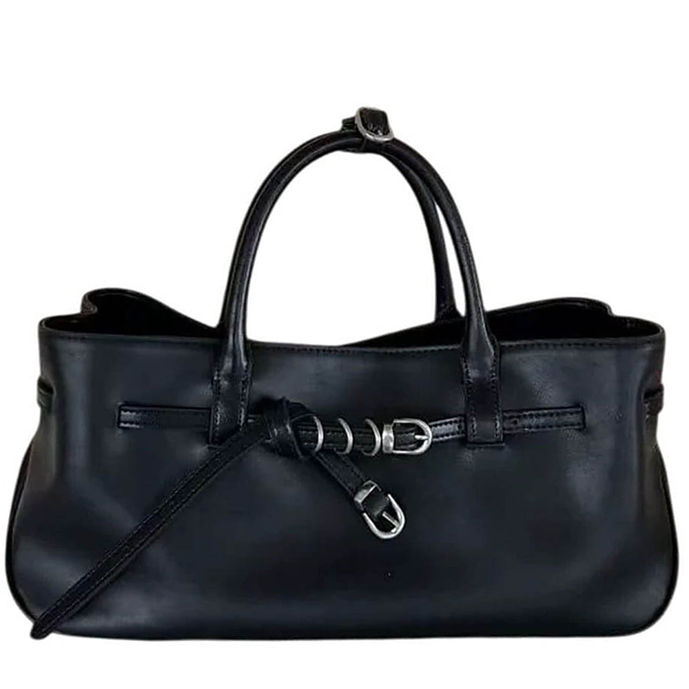 structured belted leather tote bag boogzel clothing