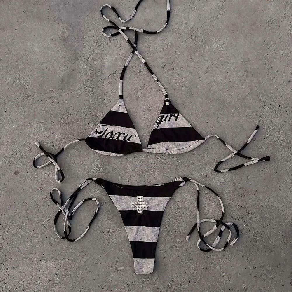 toxic girl striped bikini set boogzel clothing