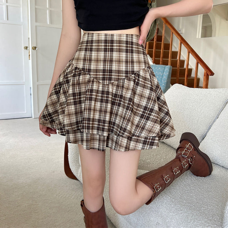 brown plaid ruffle mini skirt 