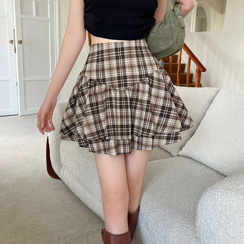 brown plaid ruffle mini skirt boogzel clothing