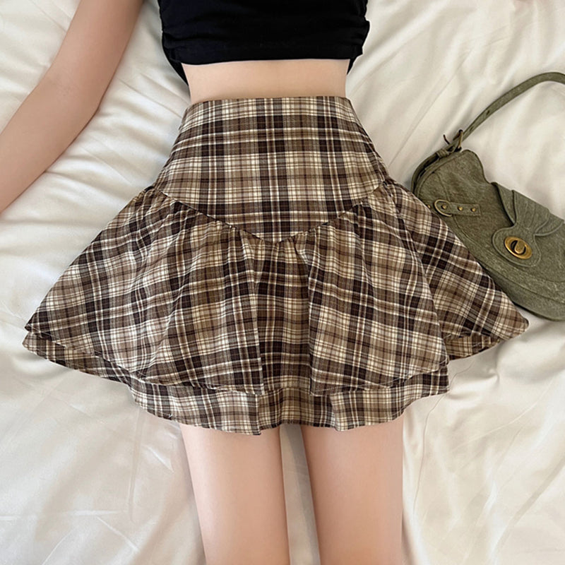 brown plaid ruffle mini skirt boogzel clothing