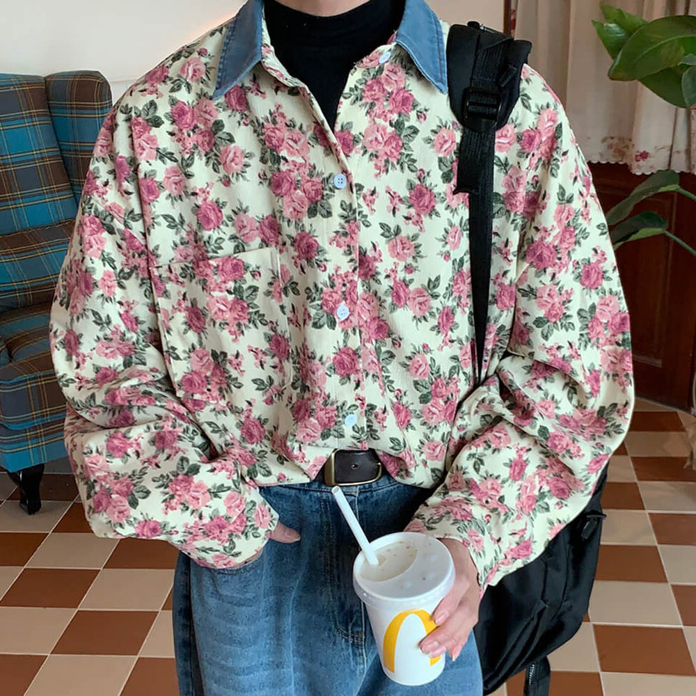 vintage pink floral button up shirt boogzel clothing