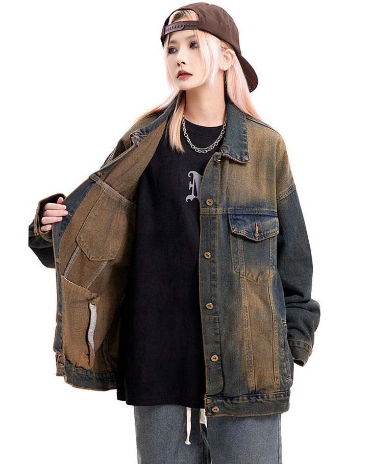 Washed Brown Loose Denim Jacket - boogzel clothing aesthetic outfits