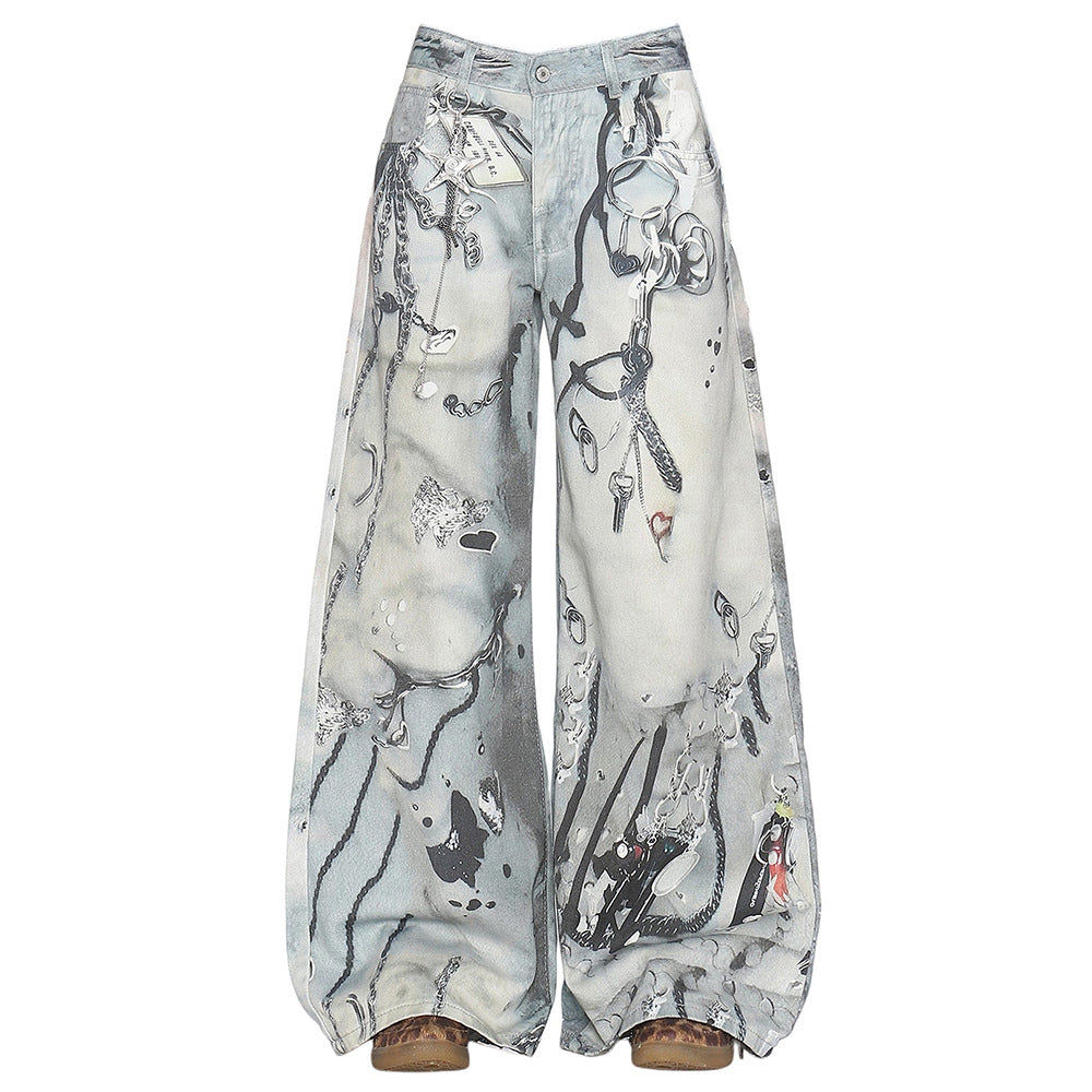 washed blue chain print jeans boogzel clothing