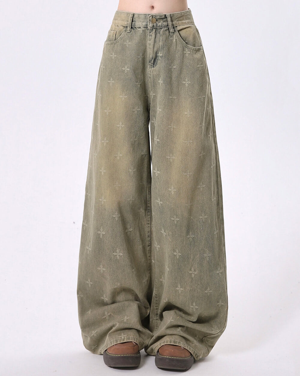 washed cross print wide leg jeans boogzel clothing