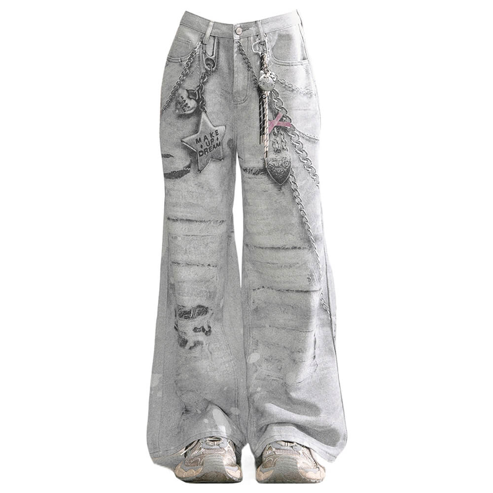 washed grey y2k chain print jeans boogzel clothing
