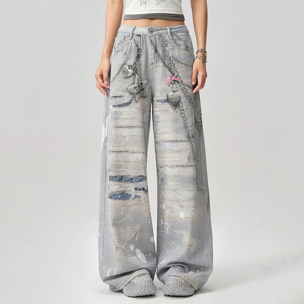 washed grey y2k chain print jeans boogzel clothing