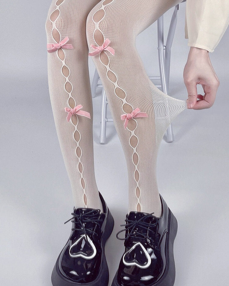 white tights with pink bows, coquette aesthetic tights boogzel clothing