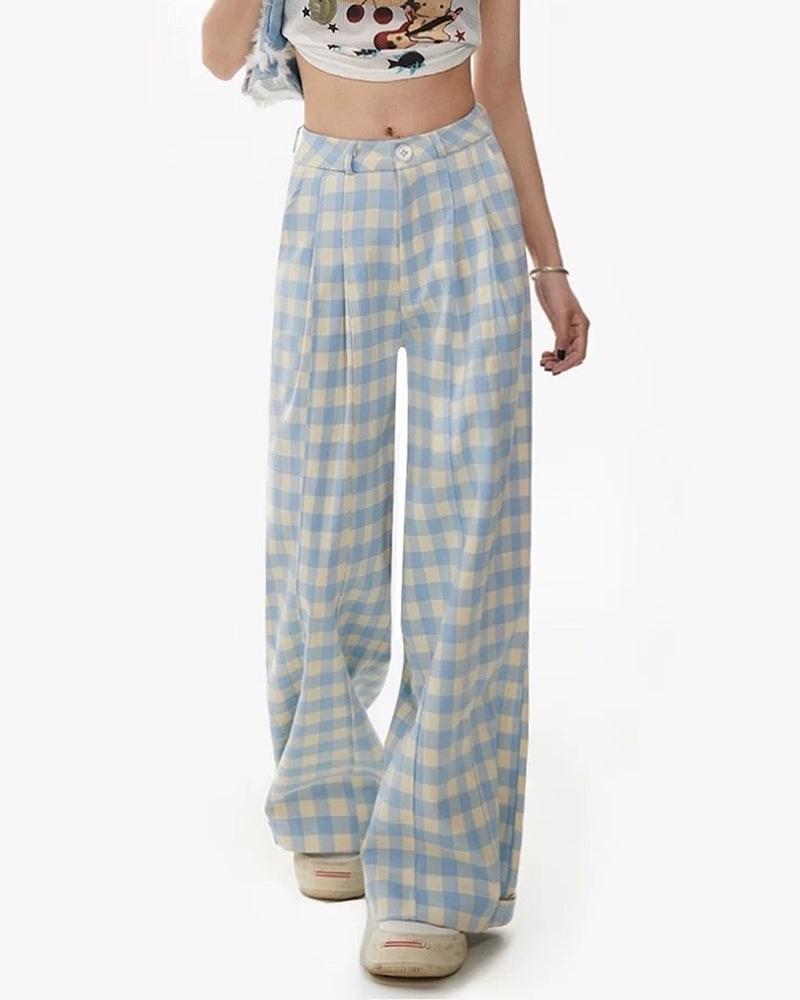 wide leg blue gingham trousers boogzel clothing