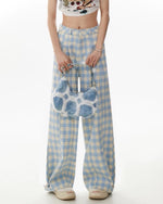 wide leg blue gingham trousers boogzel clothing