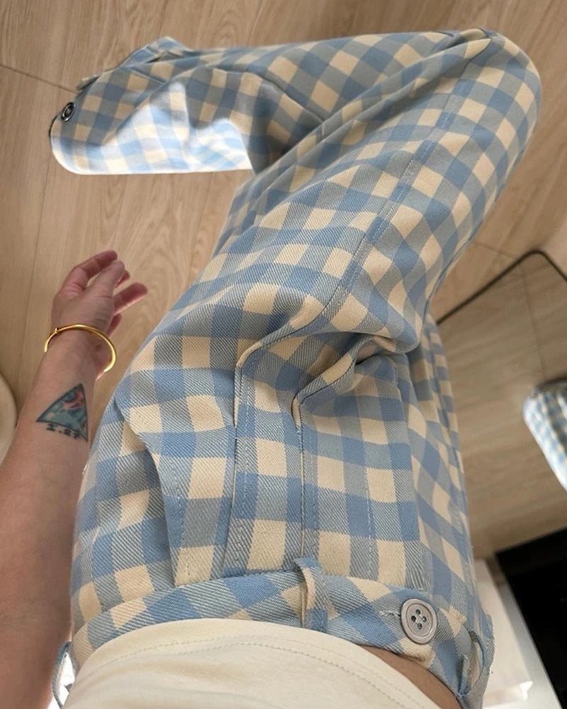 wide leg blue gingham trousers boogzel clothing