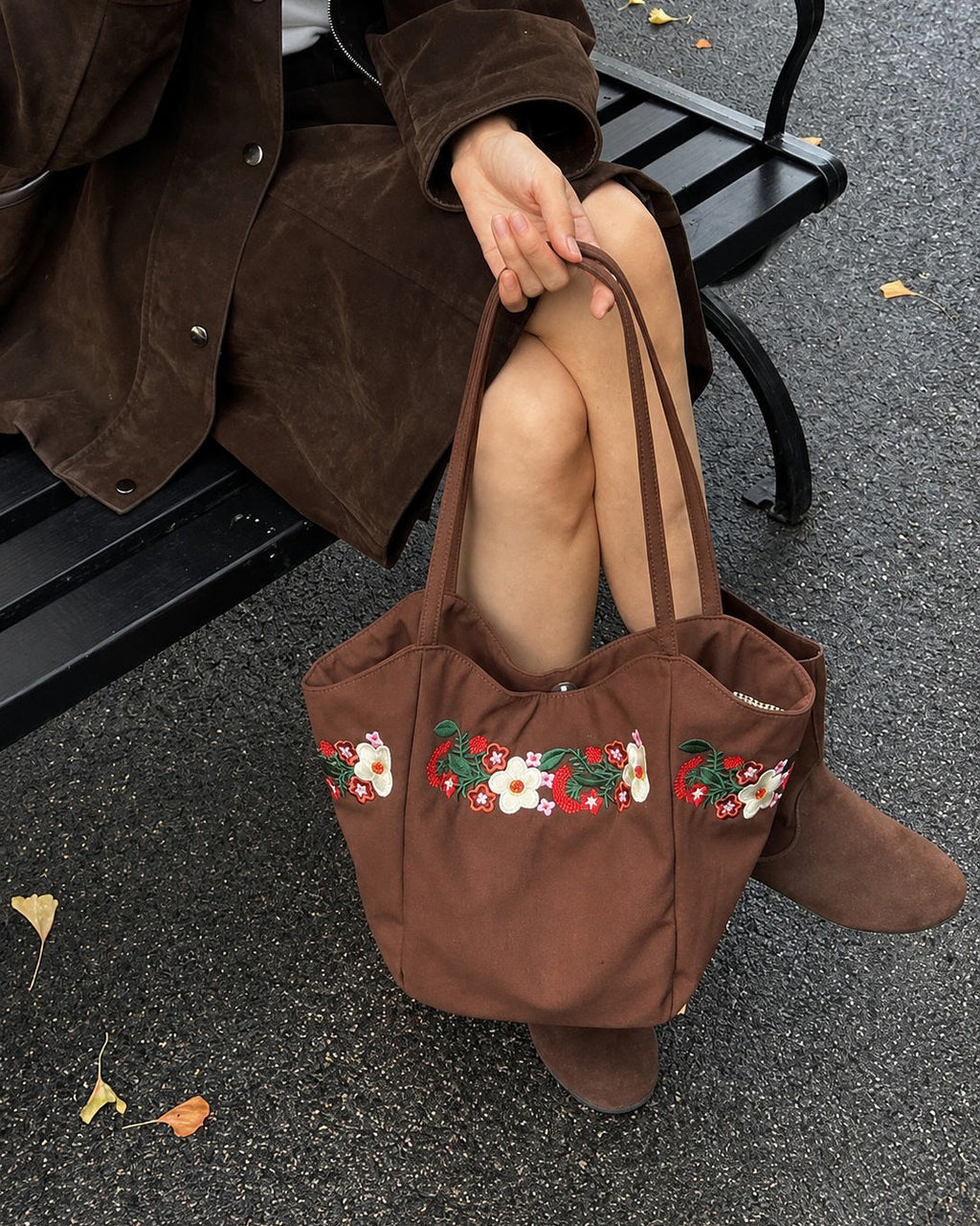 Brown strawberry embroidered tote bag, cottagecore canvas shoulder bag on white background