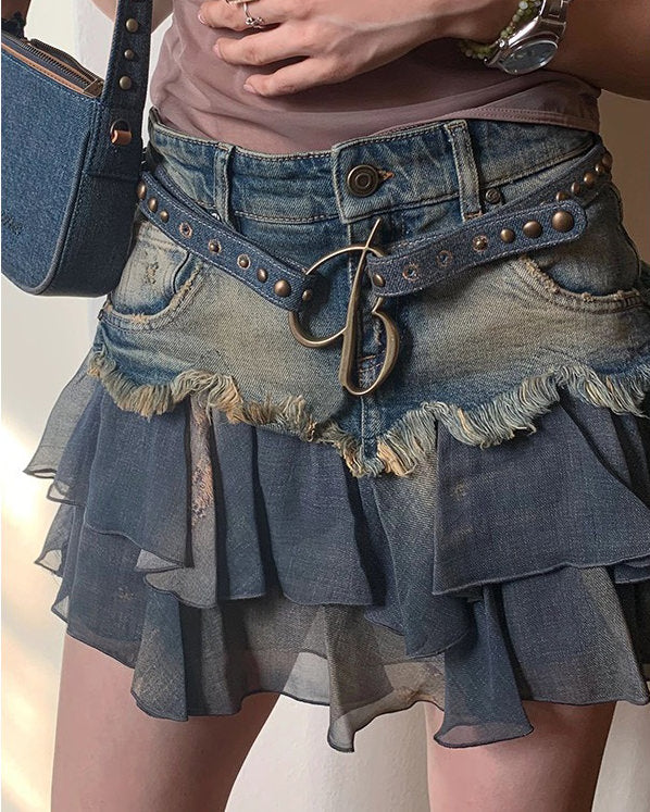 Y2K Aesthetic Denim Ruffled Skirt - Boogzel Clothing