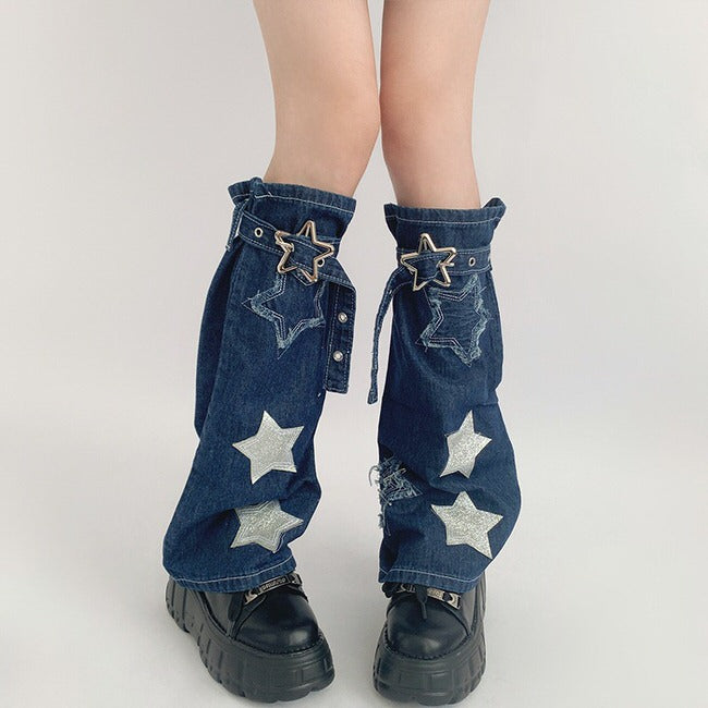 These Y2K Aesthetic Leg Warmers feature a denim construction, a star buckle closure, and glitter star design all over - Boogzel Clothing