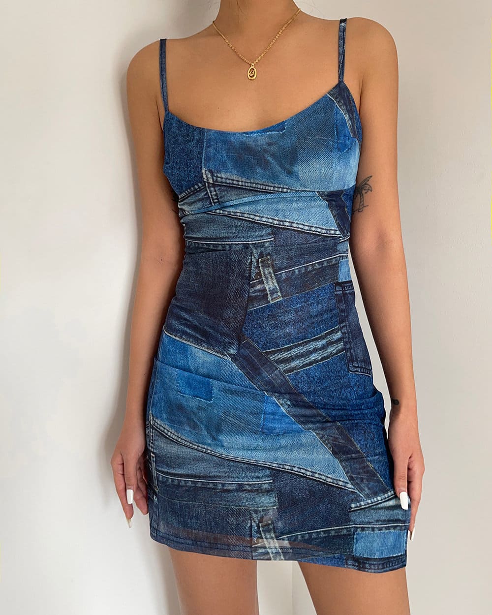 y2k denim print mini dress boogzel clothing