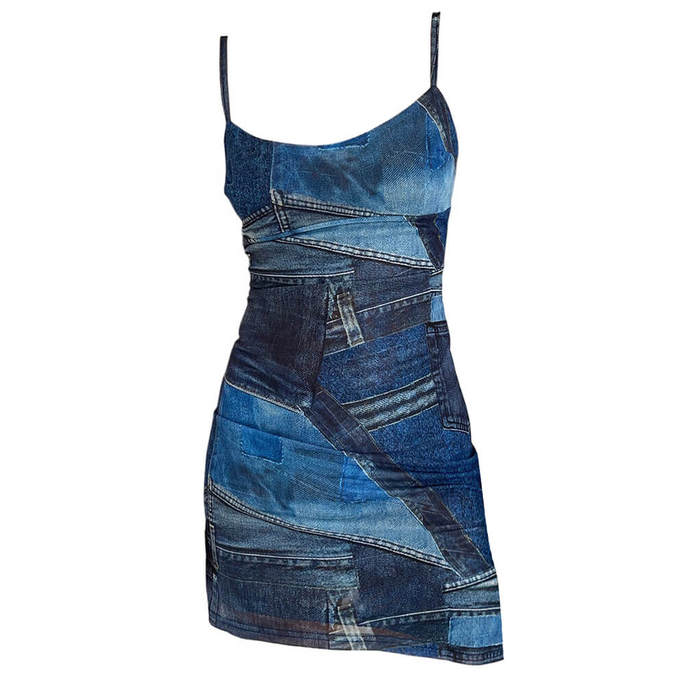 y2k denim print mini dress boogzel clothing