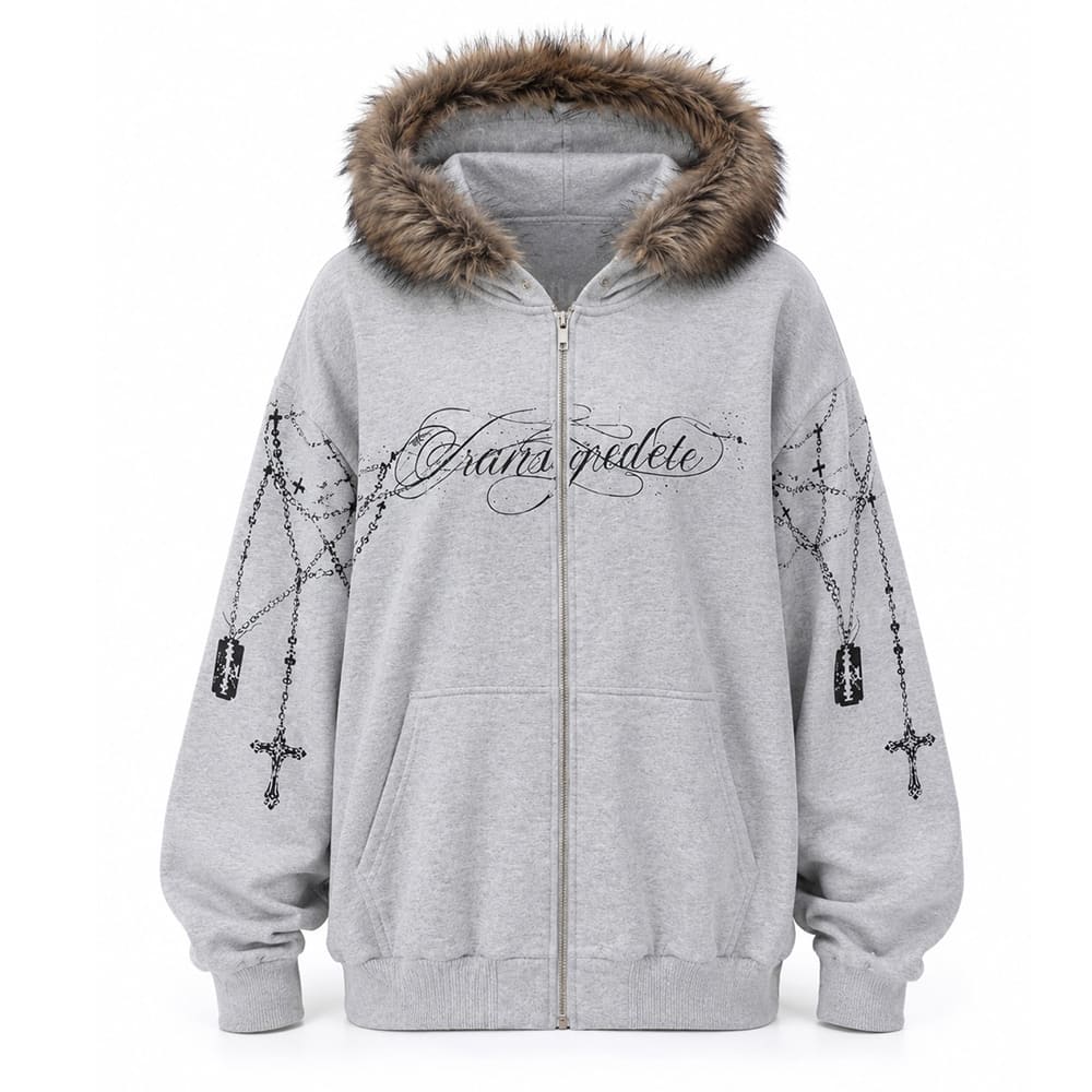 y2k-detachable-fur-zip-up-hoodie-faux-fur-trim-hood-chain-cross-razor-blade-graphic-print-oversized-zip-hoodie-black-gray-grunge-2000s-aesthetic-streetwear-boogzel-clothing