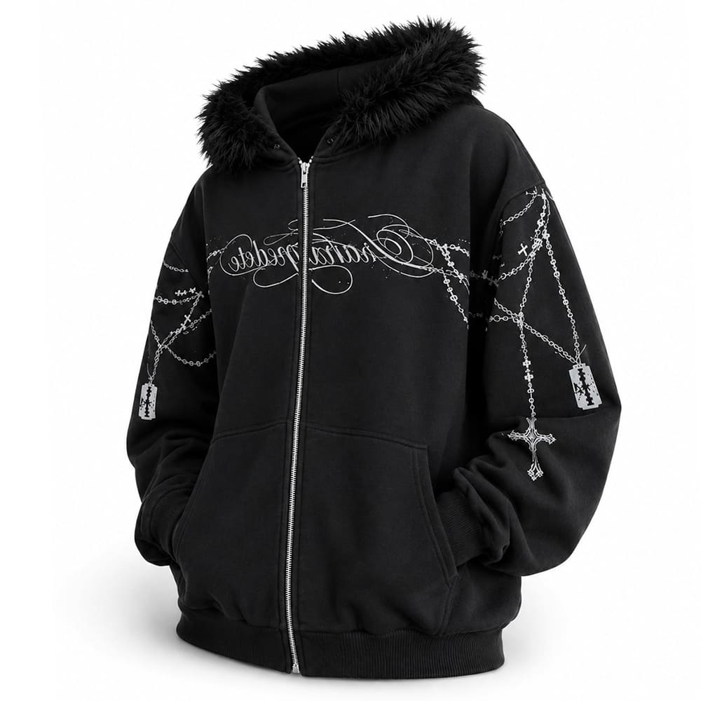 y2k-detachable-fur-zip-up-hoodie-faux-fur-trim-hood-chain-cross-razor-blade-graphic-print-oversized-zip-hoodie-black-gray-grunge-2000s-aesthetic-streetwear-boogzel-clothing