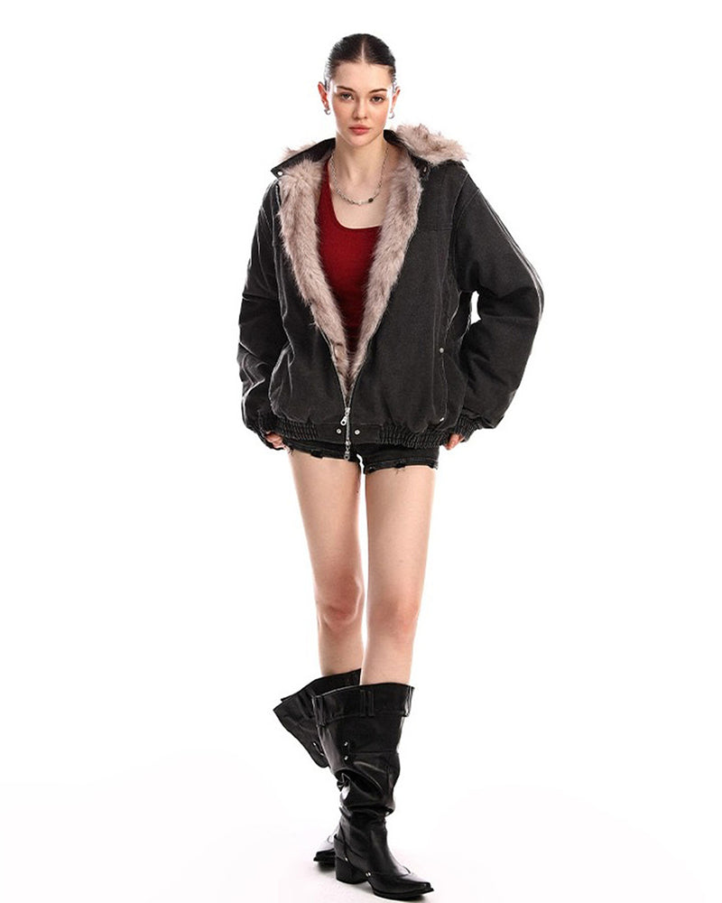 Y2K Faux Fur Bomber Jacket | AESTHETIC CLOTHING – Boogzel Clothing