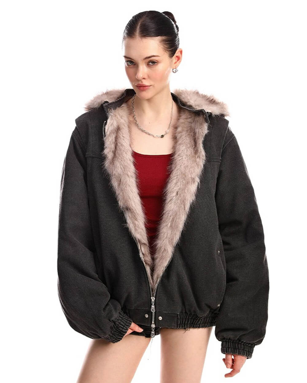 y2k faux fur bomber jacket boogzel clothing