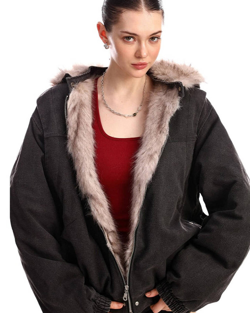 Y2K Faux Fur Bomber Jacket | AESTHETIC CLOTHING – Boogzel Clothing