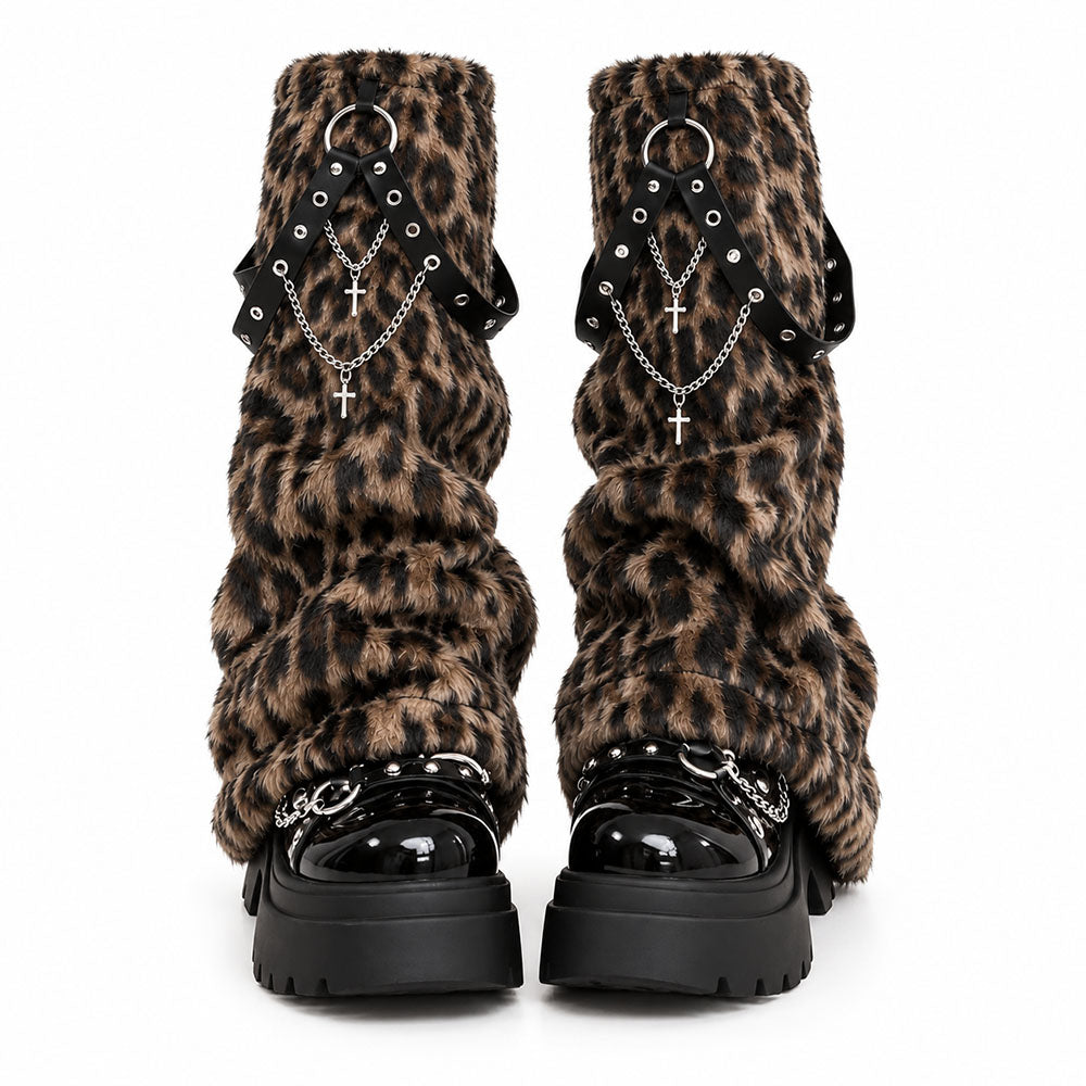 y2k leopard fuzzy leg warmers boogzel clothing