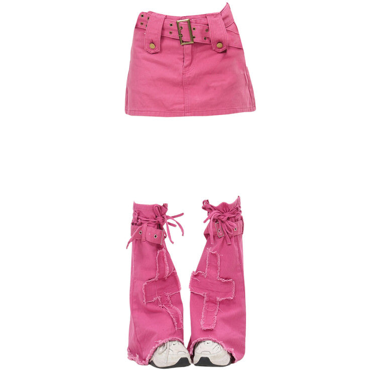 Pink Y2K Denim  Mini Skirt & Leg Warmers Set - Aesthetic Outfits - Boogzel Clothing