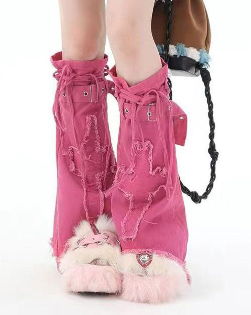 Pink Y2K Denim  Mini Skirt & Leg Warmers Set - Aesthetic Outfits - Boogzel Clothing