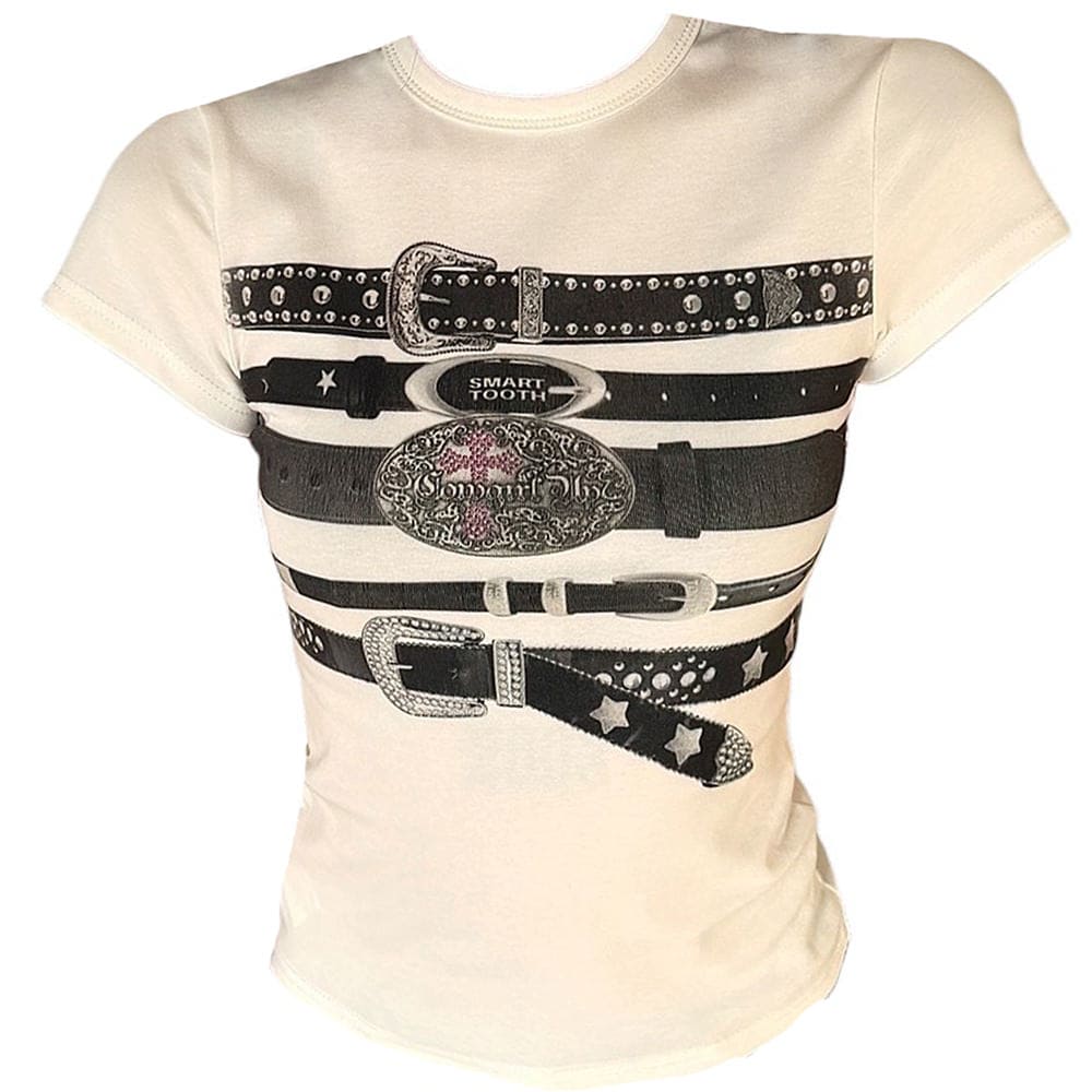 y2k western belt print tee boogzel clothing