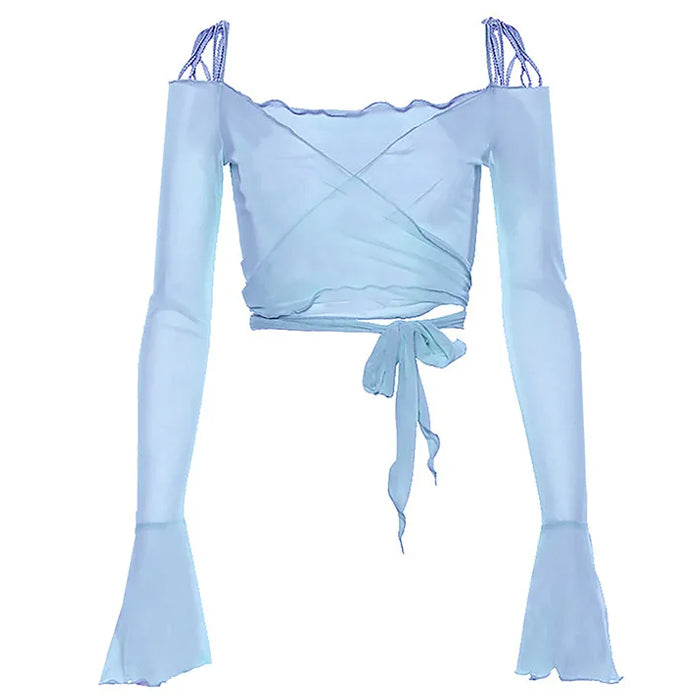 y2k aesthetic flare sleeves mesh top boogzel clothing