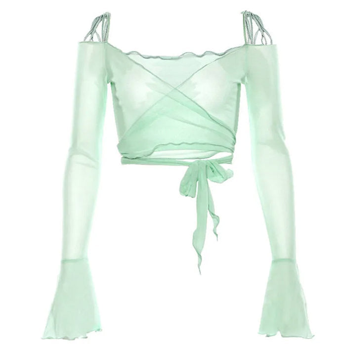 y2k aesthetic flare sleeves mesh top boogzel clothing