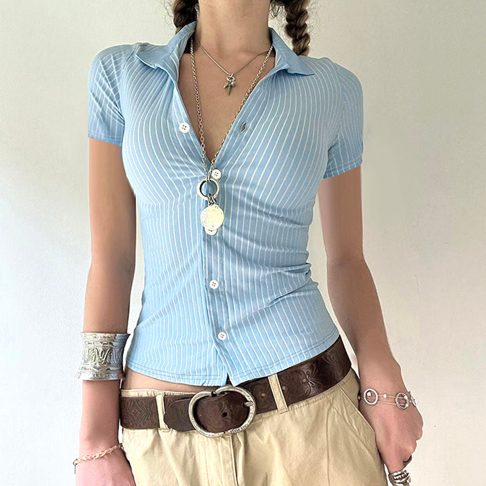 y2k blue stripe fitted shirt boogzel clothing